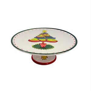 Italian Footed Cake Serving Plate Vietri Natale Green Hand Paint Christmas Tree